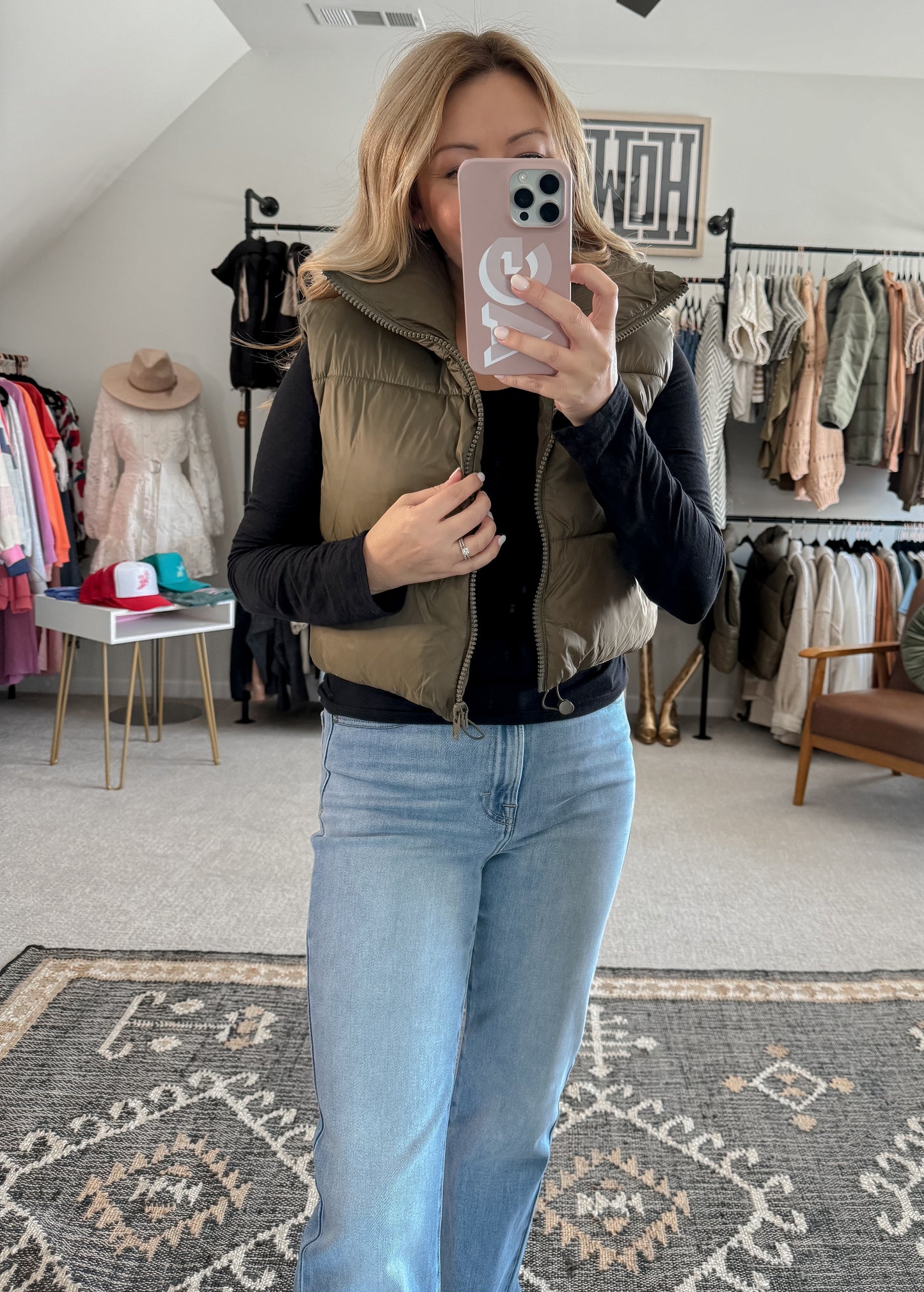 Cropped Olive Puffer Vest