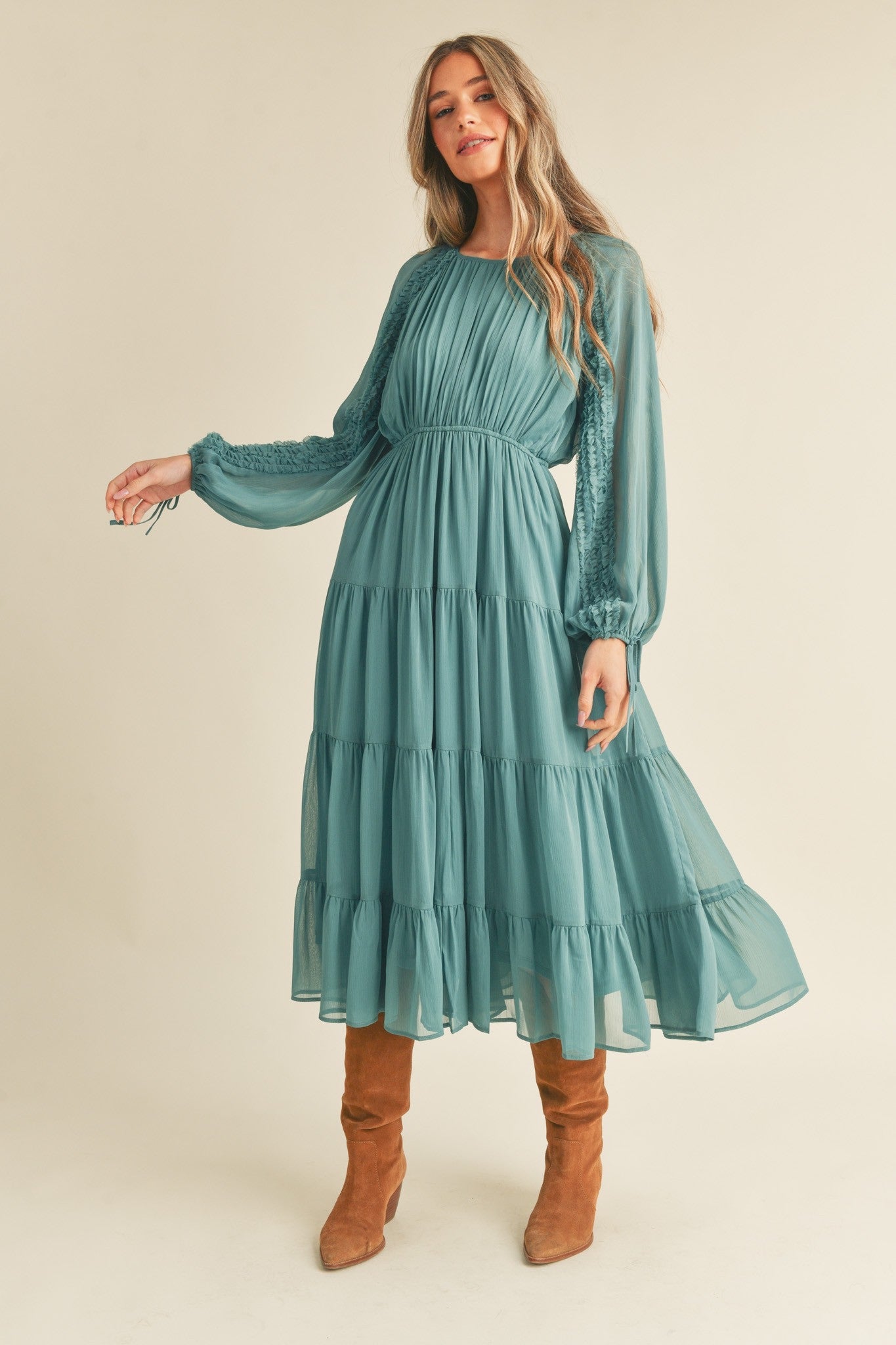 Teal Ruffle Sleeve Dress