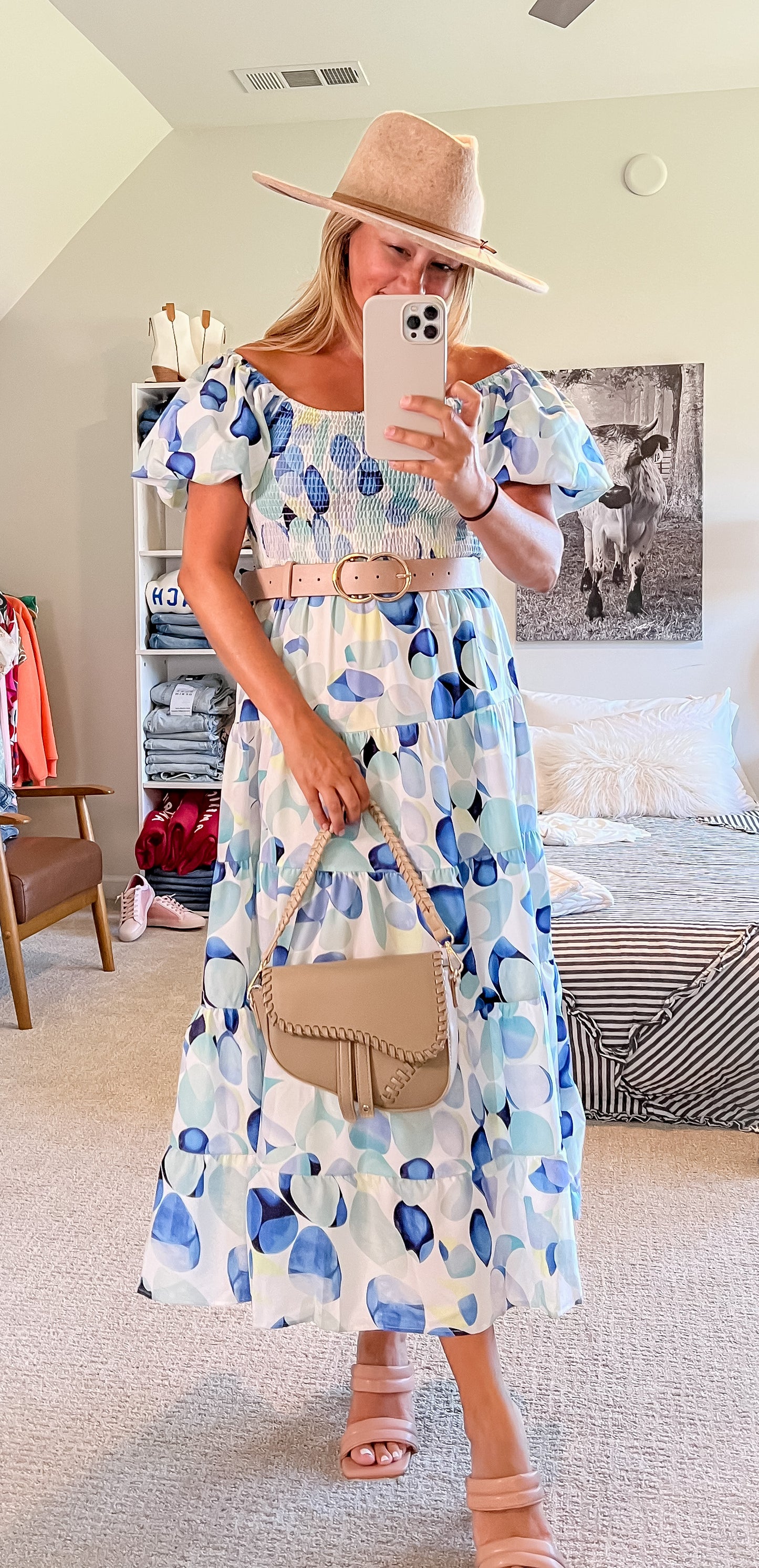 Bubble-Sleeve Tiered Maxi Dress