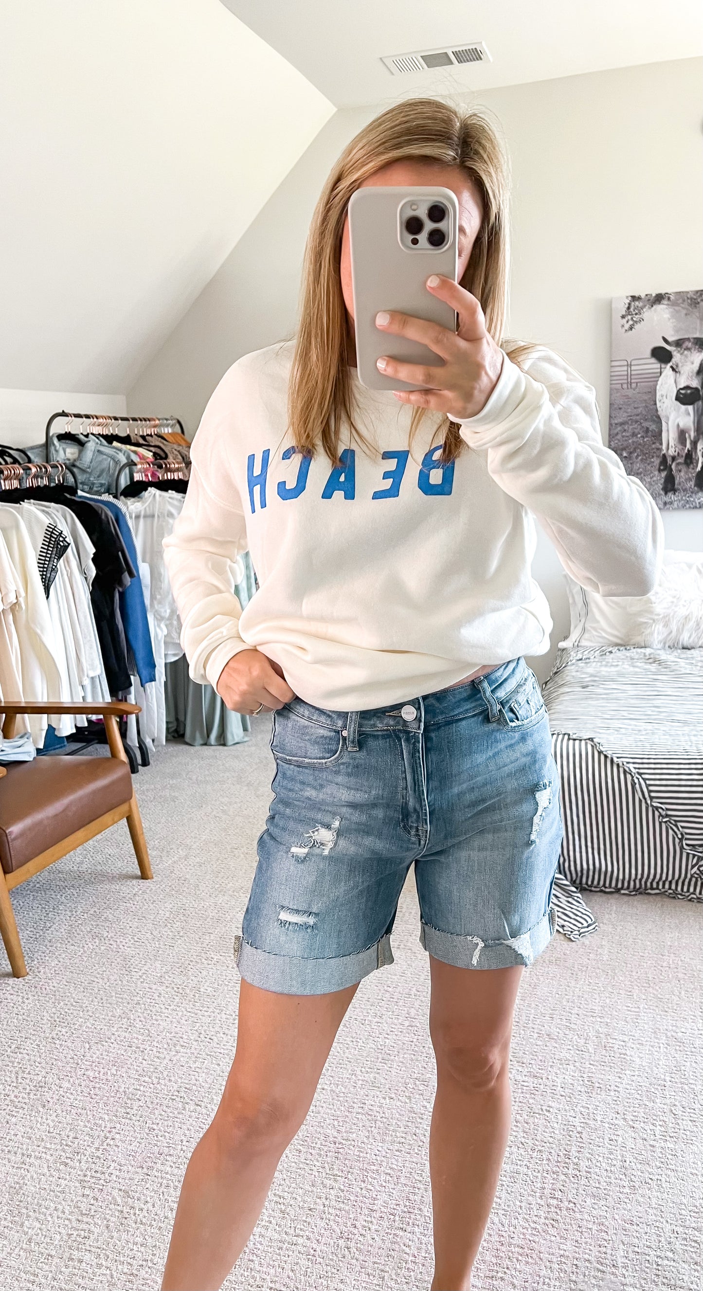 High Rise Mid-length Denim Shorts