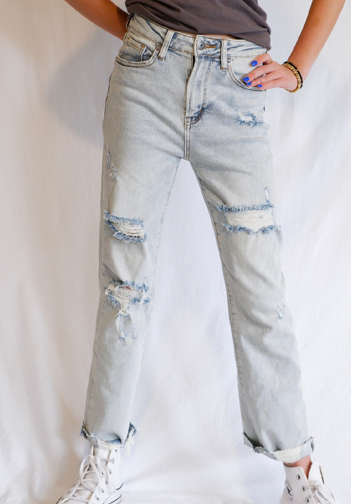 Light Wash Distressed Straight Jeans