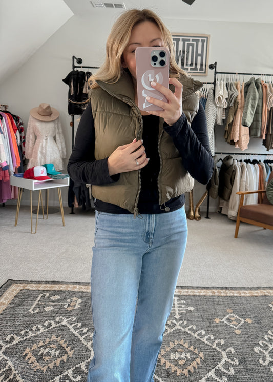 Cropped Olive Puffer Vest