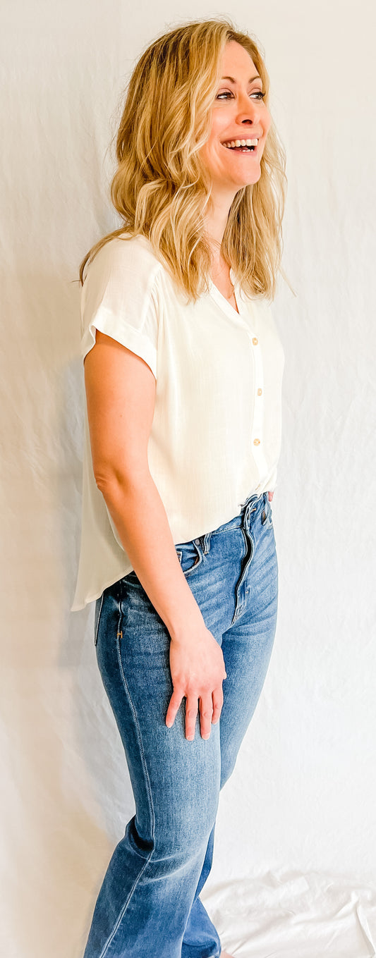 Relaxed Button-Down Short Sleeve Top